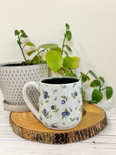 Load image into Gallery viewer, #006 - 16 oz. White speckled mug with blueberry pattern

