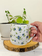 Load image into Gallery viewer, #006 - 16 oz. White speckled mug with blueberry pattern
