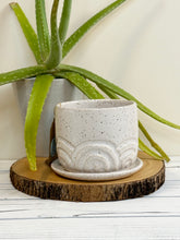 Load image into Gallery viewer, #028 - Rainbow carved Speckled white planter with drainage hole and dish
