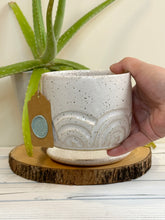 Load image into Gallery viewer, #028 - Rainbow carved Speckled white planter with drainage hole and dish
