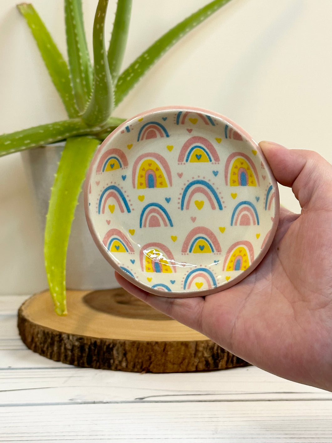 #031 - Rainbow / heart patterned Ring / trinket dish with pink rim