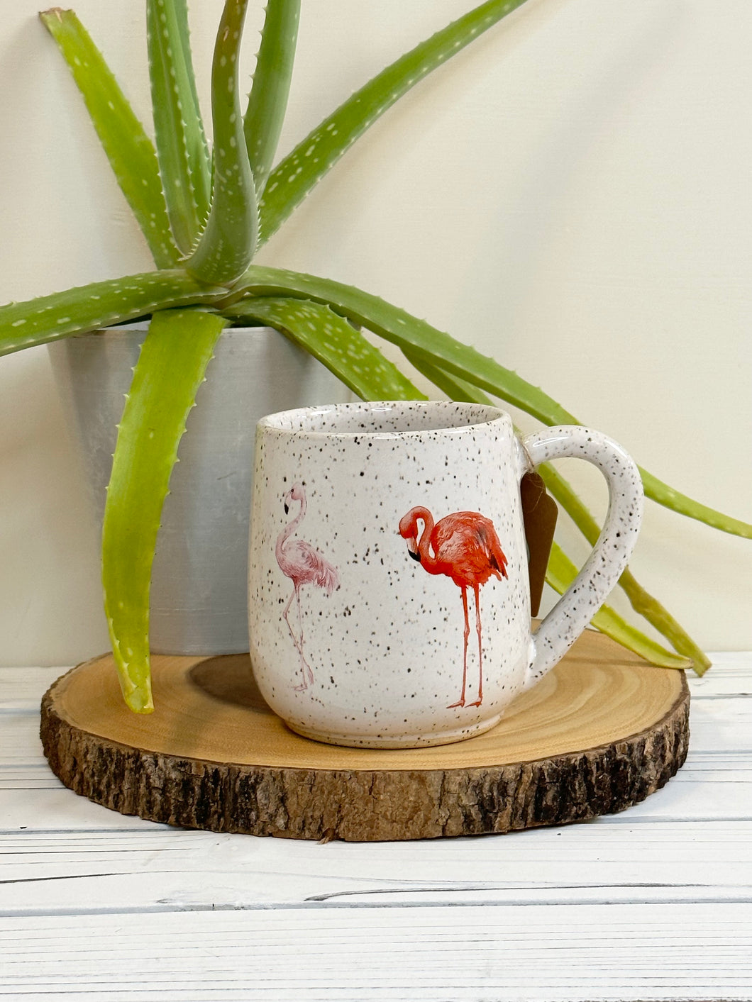 #002 - 16 oz. Flamingo pattern on White speckled mug
