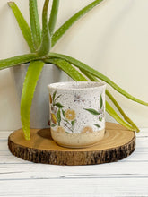 Load image into Gallery viewer, #008 - 16 oz. Lemon pattern on White speckled mug with bare clay at bottom
