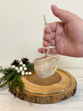 Load image into Gallery viewer, #019 - Mini pottery mug ornament with pink snowflake pattern with pink rim
