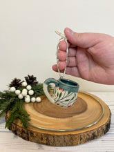 Load image into Gallery viewer, #024 - Mini pottery mug ornament with red flower pattern with green rim
