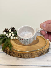 Load image into Gallery viewer, #013 - White speckled Tea light holder with red and green Christmas pattern
