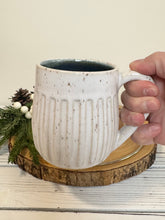 Load image into Gallery viewer, #005 - 14-16 oz. White speckled carved mug with blue inside
