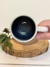 Load image into Gallery viewer, #005 - 14-16 oz. White speckled carved mug with blue inside
