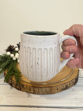 Load image into Gallery viewer, #006 - 14-16 oz. White speckled carved mug with blue inside
