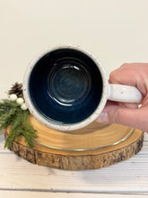 Load image into Gallery viewer, #006 - 14-16 oz. White speckled carved mug with blue inside
