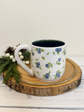 Load image into Gallery viewer, #007 - 14 oz. White speckled mug with blueberry pattern
