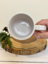 Load image into Gallery viewer, #009 - 14 oz. White speckled mug with green and red Christmas pattern
