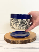 Load image into Gallery viewer, #0003 - Small - medium sized planter with drainage hole and dish in floral pattern with deep cobalt blue rim
