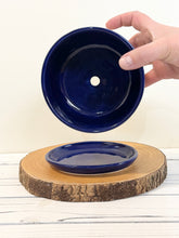 Load image into Gallery viewer, #0003 - Small - medium sized planter with drainage hole and dish in floral pattern with deep cobalt blue rim
